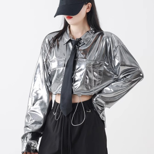 Silver Jazz Dance Top for Women, K-Pop Stage Outfit, Stylish Performance Set for Girl Group, Cool Square Dancing Attire