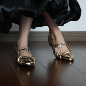 Silver Mary Jane Flats for Women, Round Toe Ballet Shoes, Low Heel, Spring Style, Gold Accents, Trendy Shallow Mouth Design