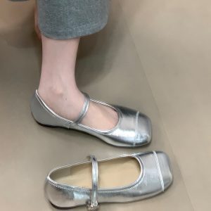 Silver Mary Jane Square-Toe Flats with One-Strap Design | Stylish Shallow Mouth Leather Shoes for Skirts | Y2K Fashion
