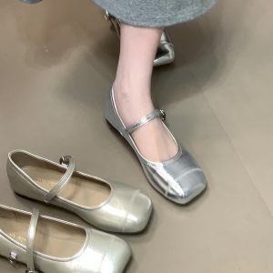 Silver Mary Jane Square-Toe Flats with One-Strap Design | Stylish Shallow Mouth Leather Shoes for Skirts | Y2K Fashion
