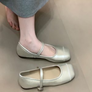 Silver Mary Jane Square-Toe Flats with One-Strap Design | Stylish Shallow Mouth Leather Shoes for Skirts | Y2K Fashion