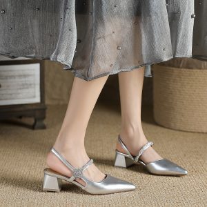Silver Open-Toe Mid Heel Sandals for Women, Backless Chunky Heel Summer Shoes 2025, Perfect for Skirts and Dresses