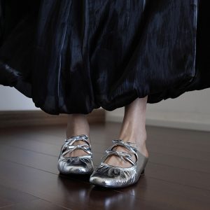 Silver Open-Toe Slippers for Women - Summer Flat Sandals with Bow, Gold Half-Mule Slides, Chic Outdoor Footwear