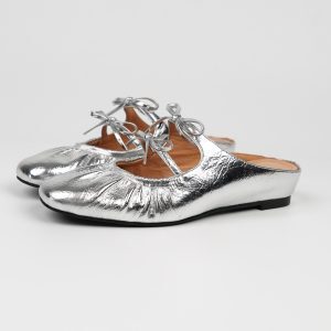 Silver Open-Toe Slippers for Women - Summer Flat Sandals with Bow, Gold Half-Mule Slides, Chic Outdoor Footwear