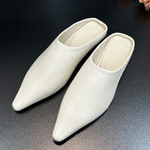Silver Pointed Toe Slip-On Mules for Women, Low-Heeled Soft Leather Slides, Trendy Spring/Summer 2025 Fashion