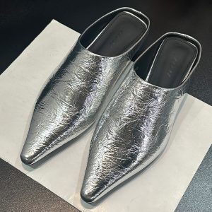 Silver Pointed Toe Slip-On Mules for Women, Low-Heeled Soft Leather Slides, Trendy Spring/Summer 2025 Fashion