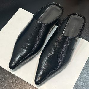 Silver Pointed Toe Slip-On Mules for Women, Low-Heeled Soft Leather Slides, Trendy Spring/Summer 2025 Fashion