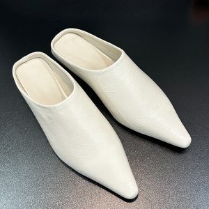 Silver Pointed Toe Slip-On Mules for Women, Low-Heeled Soft Leather Slides, Trendy Spring/Summer 2025 Fashion