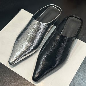 Silver Pointed Toe Slip-On Mules for Women, Low-Heeled Soft Leather Slides, Trendy Spring/Summer 2025 Fashion