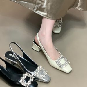 Silver Rhinestone Open-Toe Chunky Heel Sandals for Women - 2025 French Style Back Strap Flats for Skirts and Dresses