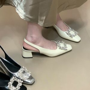 Silver Rhinestone Open-Toe Chunky Heel Sandals for Women - 2025 French Style Back Strap Flats for Skirts and Dresses