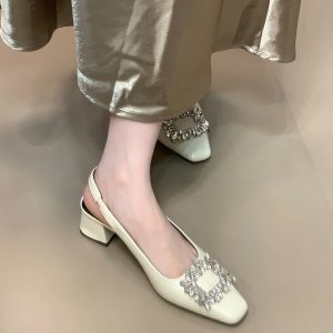 Silver Rhinestone Open-Toe Chunky Heel Sandals for Women - 2025 French Style Back Strap Flats for Skirts and Dresses