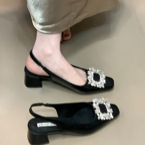 Silver Rhinestone Open-Toe Chunky Heel Sandals for Women - 2025 French Style Back Strap Flats for Skirts and Dresses