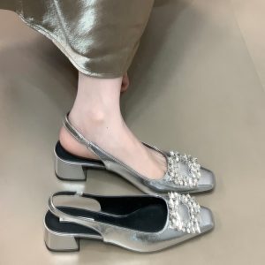 Silver Rhinestone Open-Toe Chunky Heel Sandals for Women - 2025 French Style Back Strap Flats for Skirts and Dresses