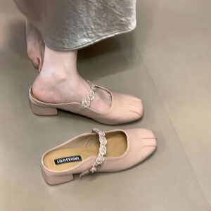 Silver Rhinestone Strap Open-Toe Half Slippers for Women - French Style Outdoor Sandals, Spring Summer Fashion Flats