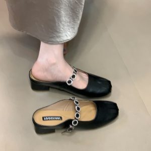 Silver Rhinestone Strap Open-Toe Half Slippers for Women - French Style Outdoor Sandals, Spring Summer Fashion Flats