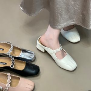 Silver Rhinestone Strap Open-Toe Half Slippers for Women - French Style Outdoor Sandals, Spring Summer Fashion Flats
