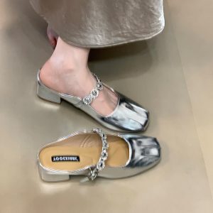 Silver Rhinestone Strap Open-Toe Half Slippers for Women - French Style Outdoor Sandals, Spring Summer Fashion Flats