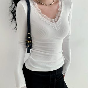Simple White Lace Trim Long Sleeve Flannel T-Shirt - Slim Fit, Perfect for 90s and Y2K Inspired Casual Style