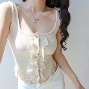 Slim Fit Button Lace Trim Camisole - Sexy Casual Soft Strap Top for Women, Perfect for Y2K and Korean Style Fashion