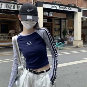 Slim Fit Color Block Long Sleeve T-Shirt for Jazz Dance - Spring Pure Desire Striped Top for 90s Inspired Style