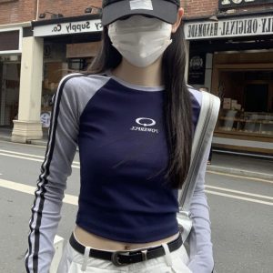 Slim Fit Color Block Long Sleeve T-Shirt for Jazz Dance - Spring Pure Desire Striped Top for 90s Inspired Style
