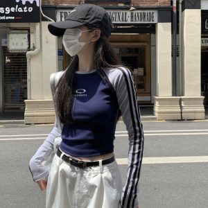 Slim Fit Color Block Long Sleeve T-Shirt for Jazz Dance - Spring Pure Desire Striped Top for 90s Inspired Style