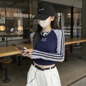 Slim Fit Color Block Long Sleeve T-Shirt for Jazz Dance - Spring Pure Desire Striped Top for 90s Inspired Style