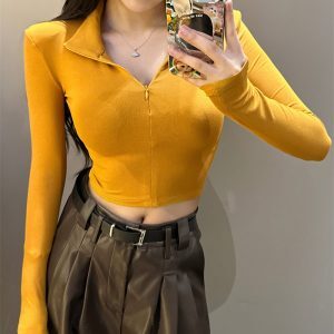 Slim Fit Cropped Hot Girl T-shirt with Half-Open Collar for Jazz Dance - Stylish Women's Top for 90s & Y2K Fashion Enthusiasts