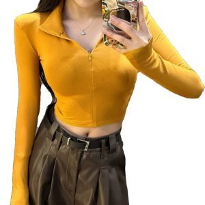 Slim Fit Cropped Hot Girl T-shirt with Half-Open Collar for Jazz Dance - Stylish Women's Top for 90s & Y2K Fashion Enthusiasts