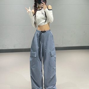 Slim-Fit High-Waisted Cargo Pants for Women – American Style Blue Elastic Dance Casual Pants for Spring Summer 2024