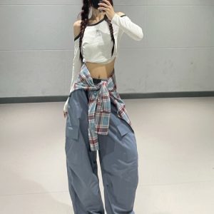 Slim-Fit High-Waisted Cargo Pants for Women – American Style Blue Elastic Dance Casual Pants for Spring Summer 2024