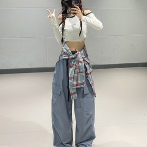 Slim-Fit High-Waisted Cargo Pants for Women – American Style Blue Elastic Dance Casual Pants for Spring Summer 2024