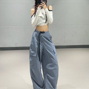 Slim-Fit High-Waisted Cargo Pants for Women – American Style Blue Elastic Dance Casual Pants for Spring Summer 2024