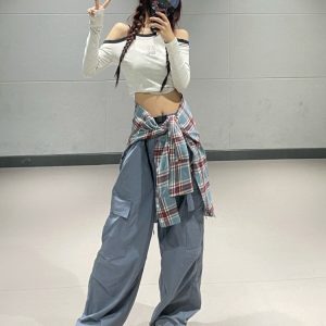 Slim-Fit High-Waisted Cargo Pants for Women – American Style Blue Elastic Dance Casual Pants for Spring Summer 2024
