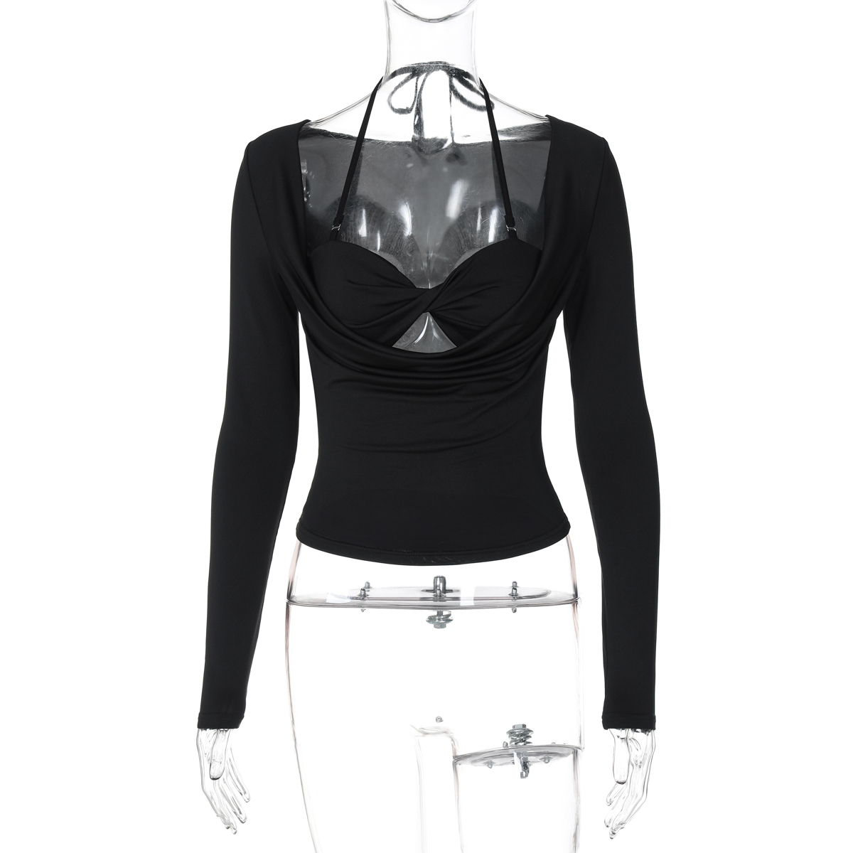 Slim-Fit Hollow Lace-Up Halter Long Sleeve T-Shirt Top for Women - Sexy Y2K Early Autumn Style, European and American Fashion
