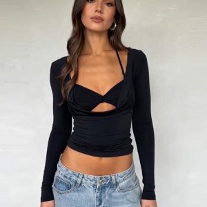 Slim-Fit Hollow Lace-Up Halter Long Sleeve T-Shirt Top for Women - Sexy Y2K Early Autumn Style, European and American Fashion