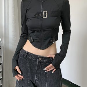Slim-Fit Hooded Sweatshirt with Backpack Buckle, Zipper Cardigan, and Half-High Collar - Women's Leisure Sports Top