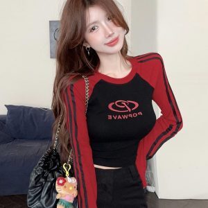 Slim-Fit Long Sleeve Patchwork T-Shirt - Sexy K-Pop Festival Top for Hot Girls, Trendy Jazz-Inspired Fashion
