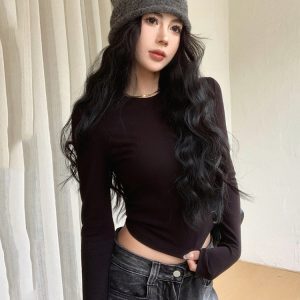 Slim-Fit Long Sleeve T-Shirt for Women - Autumn Winter K-Pop Jazz Dance Top, Trendy Girl Group Music Festival Outfit
