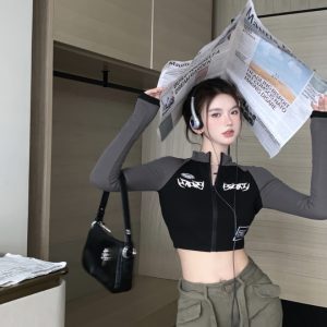 Slim Fit Long Sleeve T-Shirt for Women, European American Jazz Dance Workwear, Trendy Motorcycle Style Top