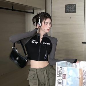 Slim Fit Long Sleeve T-Shirt for Women, European American Jazz Dance Workwear, Trendy Motorcycle Style Top