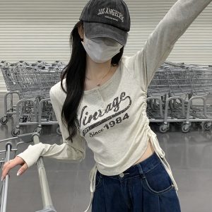 Slim Fit Long-Sleeve T-Shirt for Women, Short Style, Jazz Dance K-Pop Top, Perfect for Girl Group Music Festival Outfits