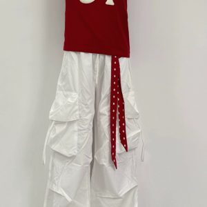Slim-Fit Red Heart T-Shirt & White Elastic Waist Cargo Pants Set for Women - Stylish Jazz Dance Outfit