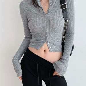 Slim Fit Ribbed Knit Top for Women - Retro Simple Single-Breasted Versatile Shirt, Y2K Fashion Style, Elastic Slimming Design