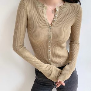 Slim Fit Ribbed Knit Top for Women - Retro Simple Single-Breasted Versatile Shirt, Y2K Fashion Style, Elastic Slimming Design