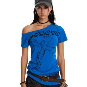 Slim Fit Short Sleeve Crossbody T-Shirt - American Retro Trendy Niche Design Top for 90s and Y2K Style Enthusiasts