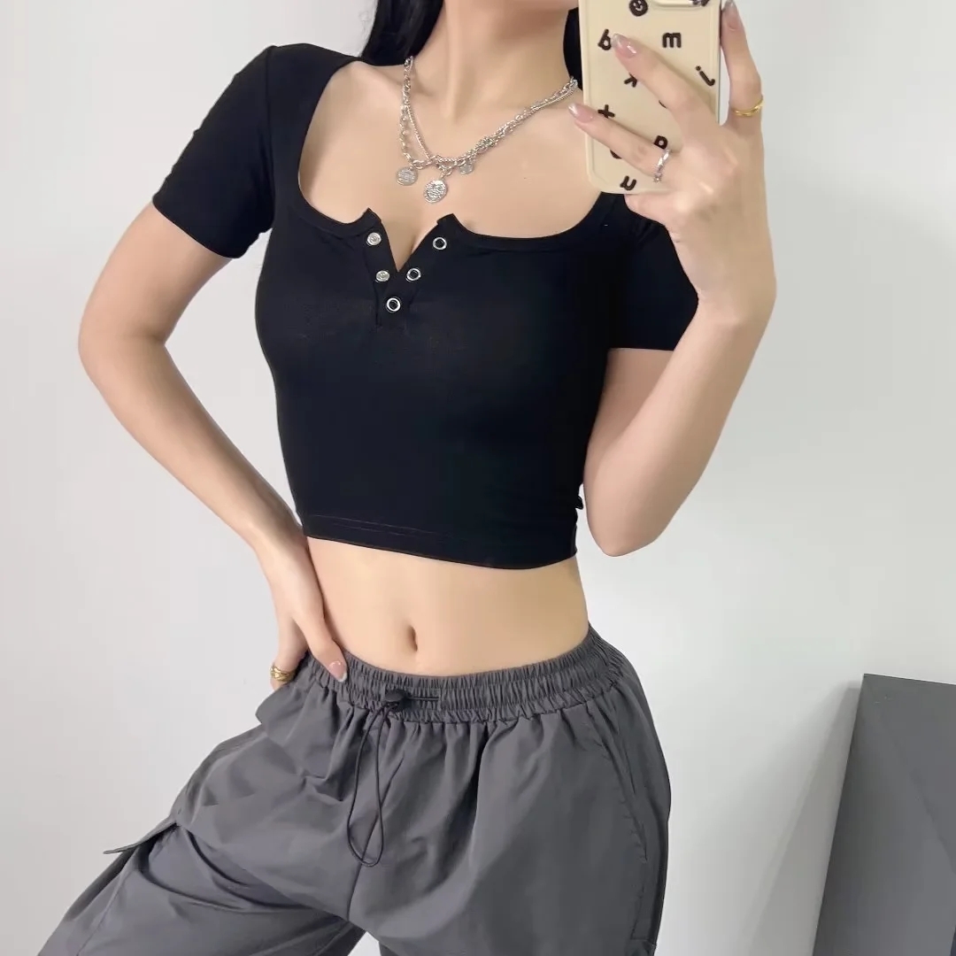 Slim Fit Short Sleeve Square Neck T-Shirt for Women | Summer Basic Three-Button Top | Hot Girl Style, 90s Inspired Fashion