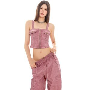 Slim Fit Zipper Vest and Loose Straight Work Pants Set - Cool Sensation Hot Girl Workwear Outfit, 90s Inspired Fashion