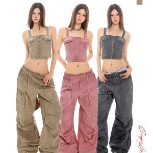 Slim Fit Zipper Vest and Loose Straight Work Pants Set - Cool Sensation Hot Girl Workwear Outfit, 90s Inspired Fashion